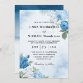 Watercolor blauwe bloemen bruiloft uitnodigingen (Voorkant / Achterkant)