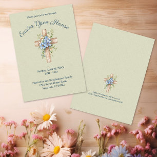 Watercolor Blauwe Bloemenkruis Paas Open Huis Kaart