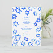 Watercolor Blauwe Davidster Bar Mitswa viering Menu (Staand voorkant)