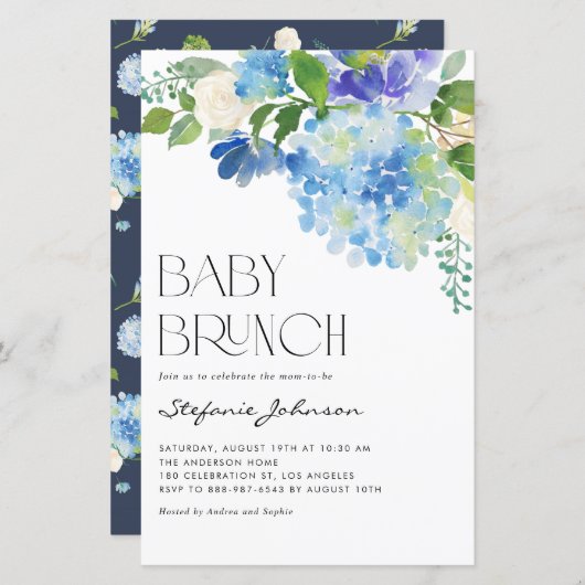 Watercolor Blauwe Hortensia Baby Brunch Uitnodigin (Voorkant / Achterkant)