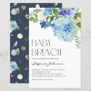Watercolor Blauwe Hortensia Baby Brunch Uitnodigin