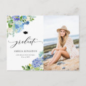 Watercolor Blauwe Hortensia Bloemen Foto Afstudere Aankondigingskaart (Voorkant)