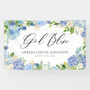 Watercolor Blauwe Hortensia en Ivoorkleurige Roos  Spandoek