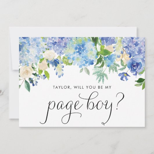 Watercolor Blauwe Hortensia Wil Je Mijn Bruidsjonk Kaart (Voorkant)