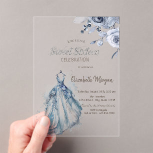Watercolor Blauwe Jurk Blauwe Rozen Sweet 16 Acryl Uitnodigingen