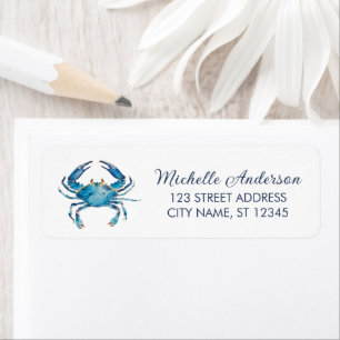 Watercolor Blauwe Krab Zeevaart Retouradres Etiket