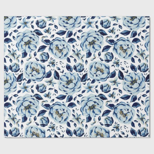 Watercolor Blauwe Pioen Bloempatroon Cadeaupapier (Vlak)