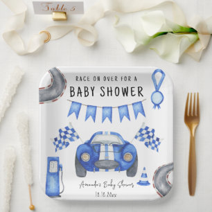 Watercolor Blauwe Raceauto Baby Shower Papieren Bordje