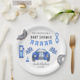 Watercolor Blauwe Raceauto Baby Shower  Papieren Bordje