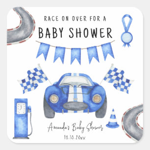 Watercolor Blauwe Raceauto Baby Shower Vierkante Sticker