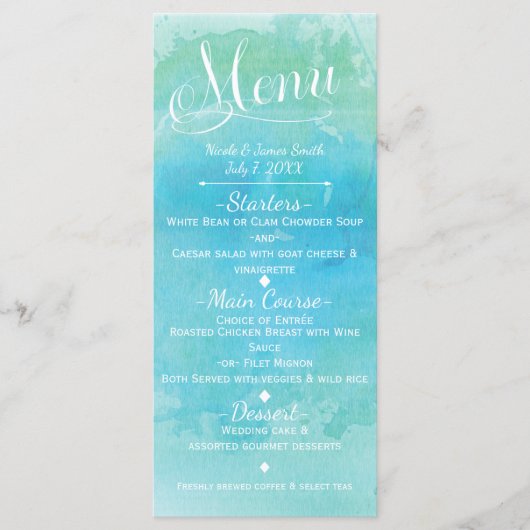 Watercolor Blauwe Strand Elegante Trouwmenu Kaart (Voorkant)