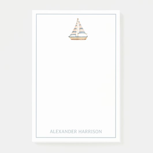 Watercolor Blauwe Streep Zeilboot Post-it® Notes (Voorkant)