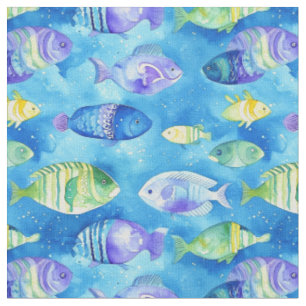 "Watercolor Bleu and Pink Fish Underwater Seamless Stof