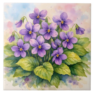 Watercolor Bloeiende Paarse Viooltjes Tegeltje