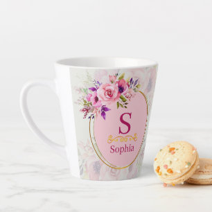 Watercolor Bloem Monogram I Op Maat Gemaakte Goude Latte Mok