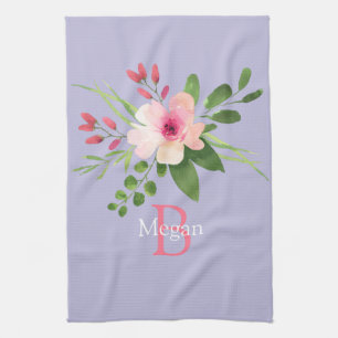Watercolor Bloem, Naam & Monogram op Lavendel Theedoek
