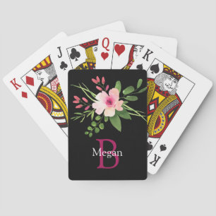 Watercolor Bloem, Naam & Monogram op Zwart Pokerkaarten