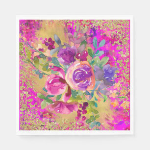 Watercolor Bloemboeket op Roze Glitter Servet