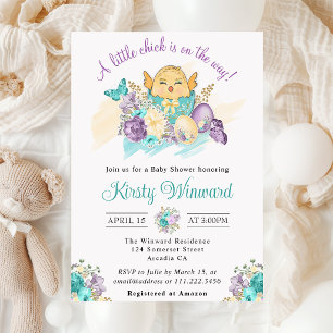 Watercolor Bloemen en Cute Kuiken Baby Shower Kaart
