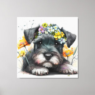 Watercolor Bloemen en Schnauzer Puppy Canvas Afdruk