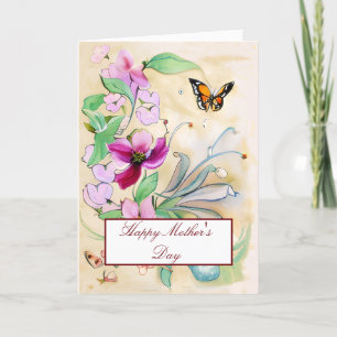 Watercolor bloemen en vlinder Moederdag Feestdagen Kaart