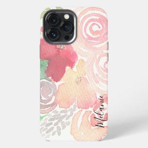 Watercolor Bloemen Groene Tinten Roze Script Naam iPhone 13 Pro Max Hoesje