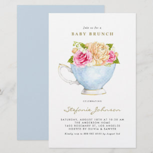 Watercolor Bloemen in Theekopje Baby Brunch Uitnod