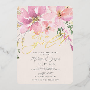 Watercolor Bloemen Meisje Baby Shower Folie Uitnodiging