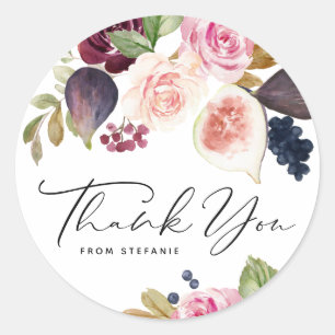 Watercolor Bloemen met Vijg en Bes Dank je wel Ronde Sticker