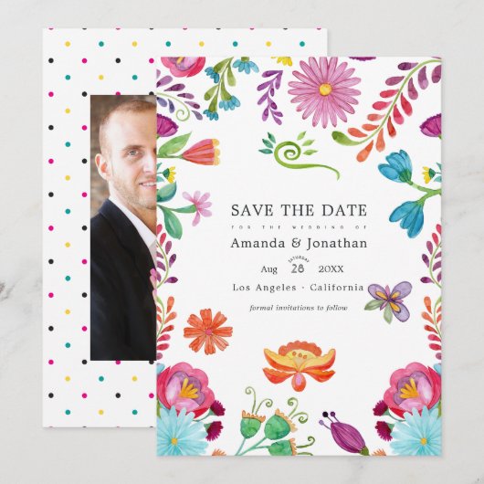 Watercolor Bloemen Mexicaans Fiesta Bruiloft Foto Save The Date (Voorkant / Achterkant)