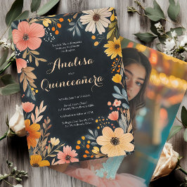 Watercolor Bloemen op Donkere Quinceañera Aangepas Kaart