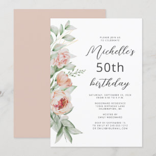 Watercolor Bloemen Roze 50e Verjaardag Kaart