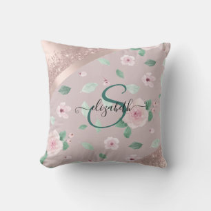 Watercolor Bloemen Roze Gouden Monogram Kussen