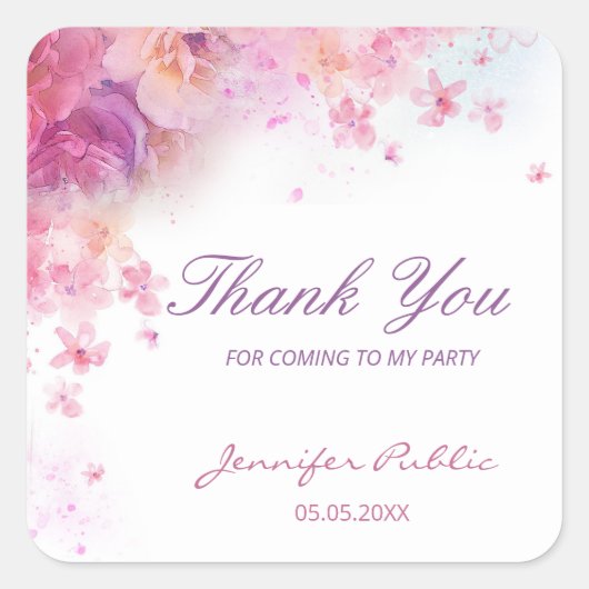 Watercolor Bloemen Rozen Dank U Hand Schrift Vierkante Sticker (Voorkant)
