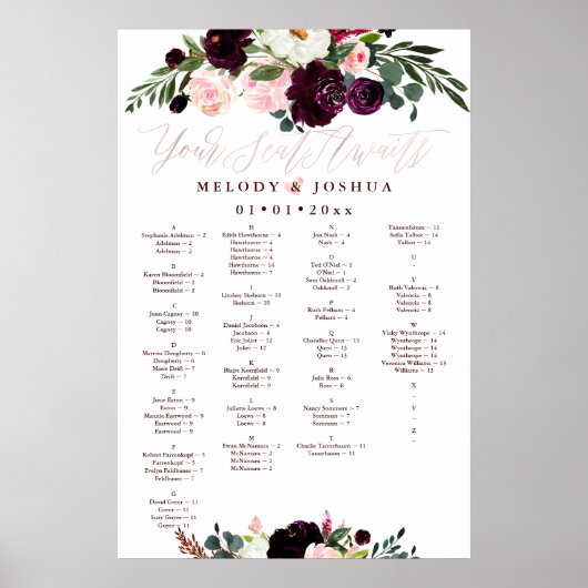 WATERCOLOR BLOEMEN STOELENPLAN, ALFABETISCH POSTER (Voorkant)