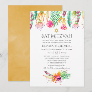 Watercolor Bloemen Tropische Zomer Bat Mitzvah Kaart
