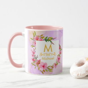 Watercolor Bloemendrukletter I Gouden Initiaal & N Mok