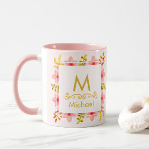 Watercolor Bloemendrukletter I Gouden Initiaal & N Mok