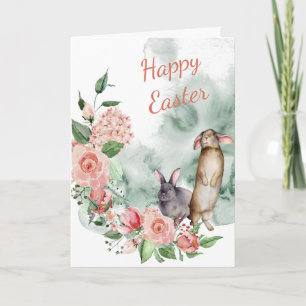 Watercolor Bloemenkranen Konijnen Pasenkaart Kaart