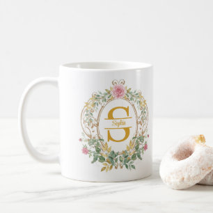 Watercolor Bloemenkrans Gouden Initiaal Monogram Koffiemok