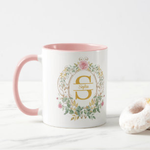 Watercolor Bloemenkrans Gouden Initiaal Monogram Mok