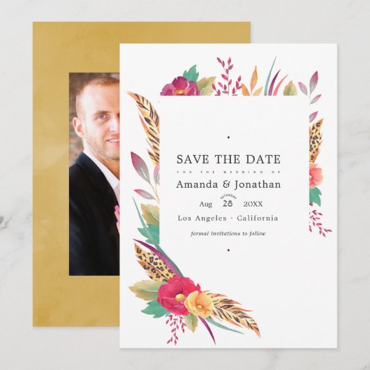 Watercolor Bloemensafari Trouwfoto Save The Date (Voorkant / Achterkant)