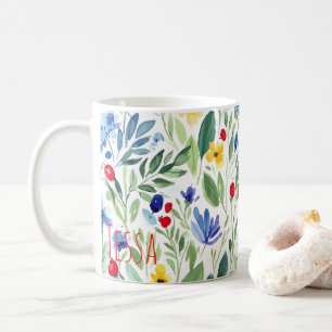 Watercolor Bloemenweide Blauw en Geel Kunst Koffiemok