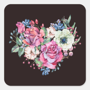 Watercolor bloemhart: vintage rozen. vierkante sticker