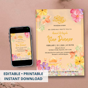 Watercolor Bloemrijke Ramadan Kareem Iftar Diner Kaart