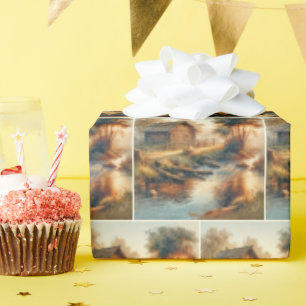 Watercolor blokhut in ochtendmist cadeaupapier