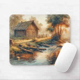 Watercolor blokhut in ochtendmist muismat
