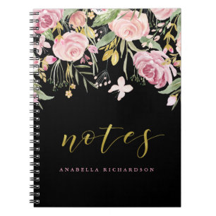 Watercolor Blooms   Roze en Gouden Bloemen op Zwar Notitieboek