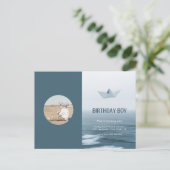 Watercolor Blue Boat Boy Invitation de fête d'anni (Debout devant)