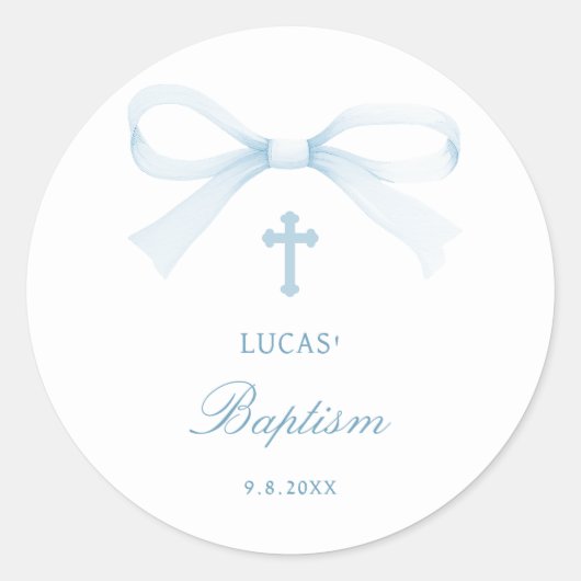 Watercolor Blue Bow Baptism Ronde Sticker (Voorkant)